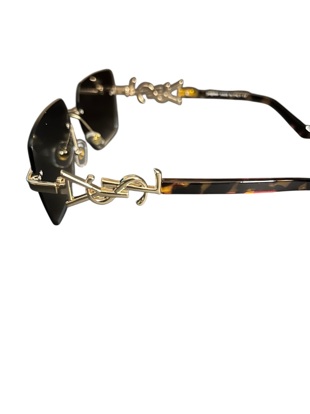 YSL/ Tortoiseshell Arm Rimless Sunglasses with Gold Logo - Brown